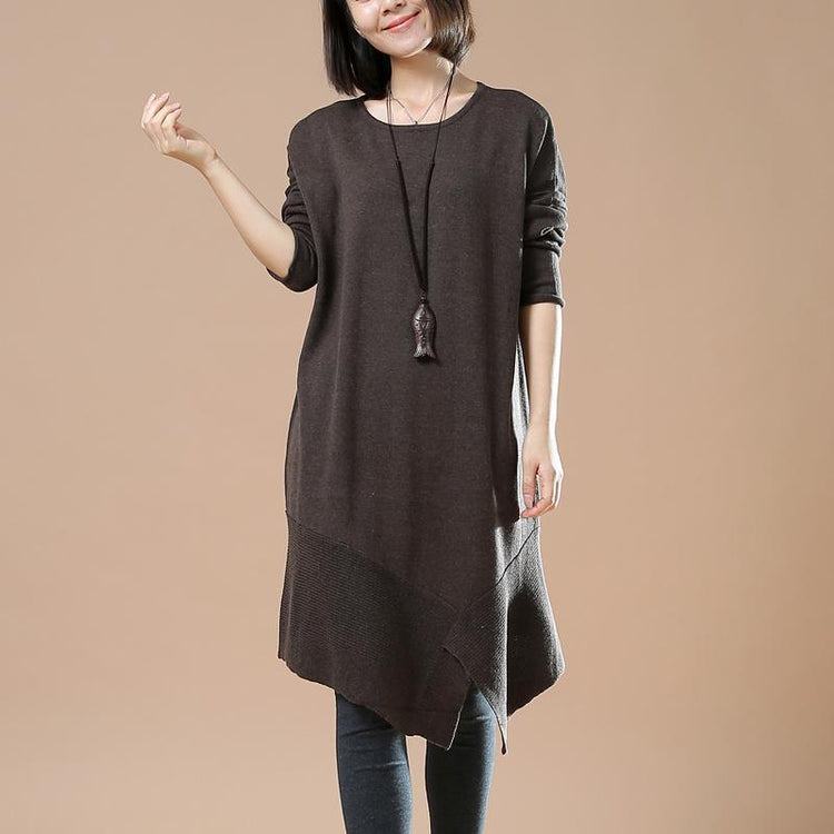 New chocolate long sweaters loose style asymmetrical design - Omychic