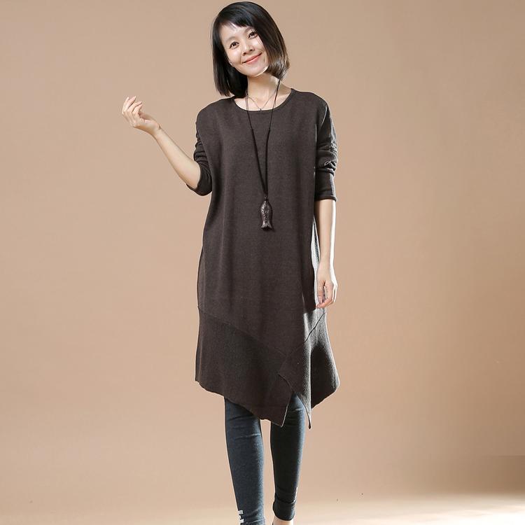 New chocolate long sweaters loose style asymmetrical design - Omychic