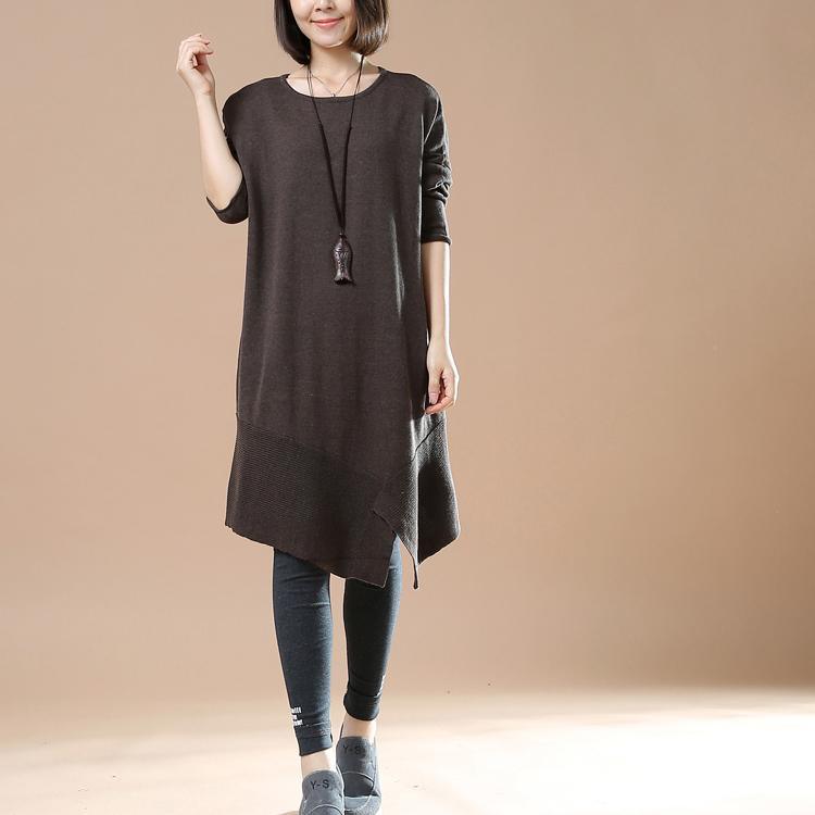 New chocolate long sweaters loose style asymmetrical design - Omychic