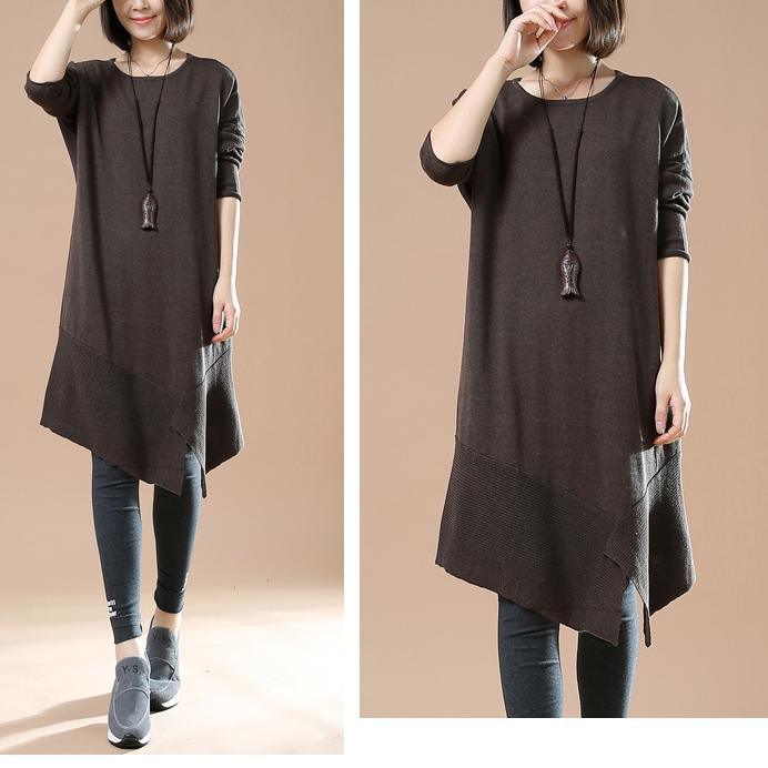 New chocolate long sweaters loose style asymmetrical design - Omychic