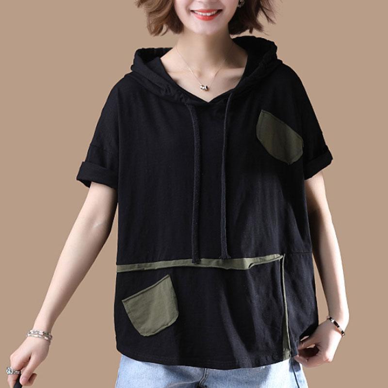 New cotton blouses plus size clothing Hoodies T-shirt Short Sleeve Summer Black Tops - Omychic