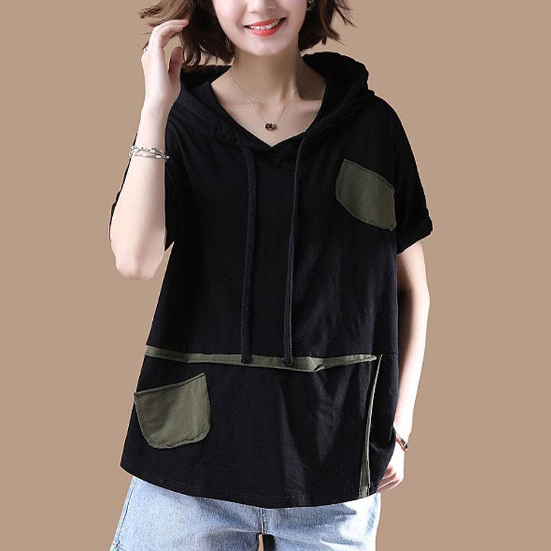 New cotton blouses plus size clothing Hoodies T-shirt Short Sleeve Summer Black Tops - Omychic