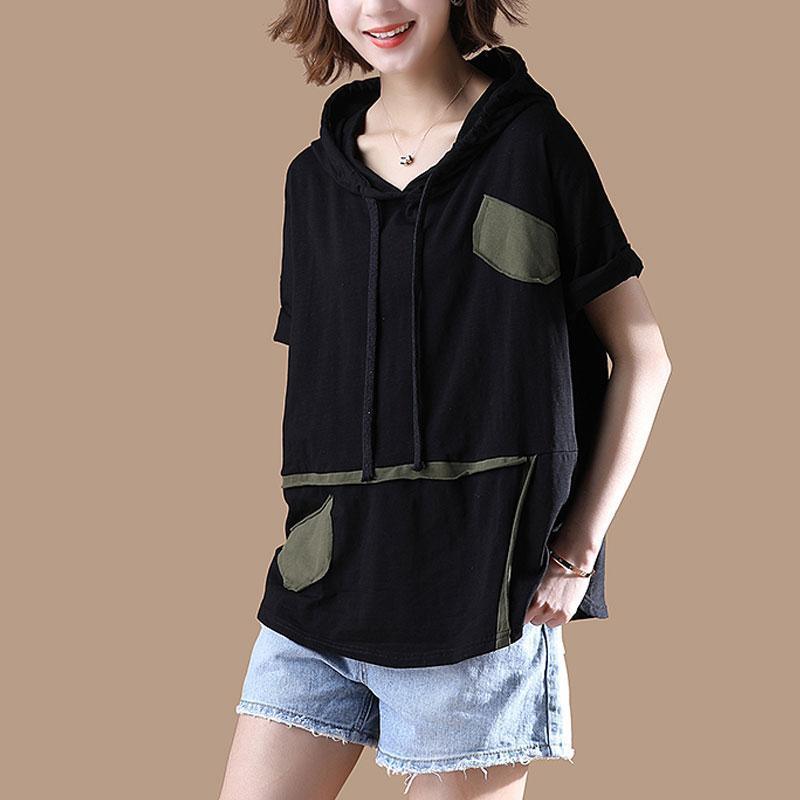 New cotton blouses plus size clothing Hoodies T-shirt Short Sleeve Summer Black Tops - Omychic