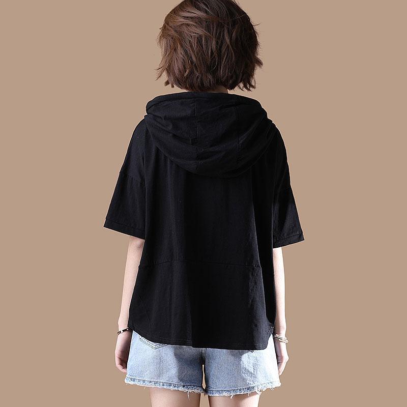 New cotton blouses plus size clothing Hoodies T-shirt Short Sleeve Summer Black Tops - Omychic