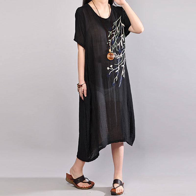 New cotton dresses plus size Embroidery Summer Casual Short Sleeve Black Dress - Omychic