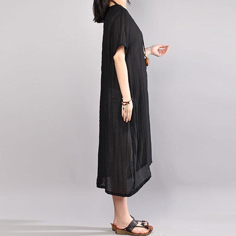 New cotton dresses plus size Embroidery Summer Casual Short Sleeve Black Dress - Omychic