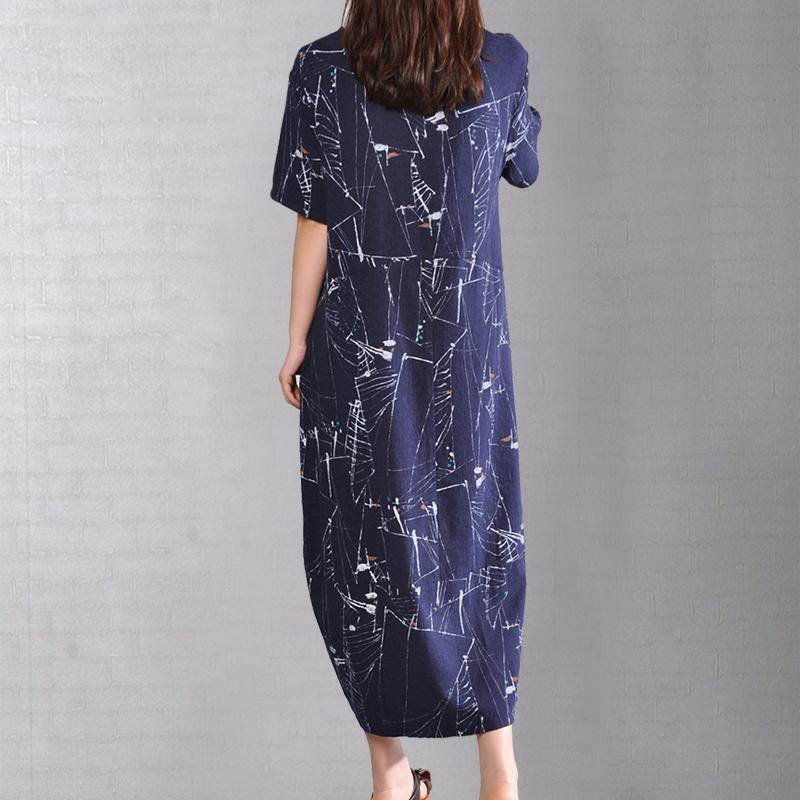 New dark blue linen dress plus size clothing prints long cotton dresses boutique short sleeve linen dresses - Omychic