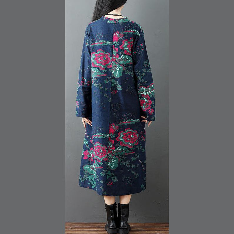 New dark blue prints natural linen dress  plussize side open traveling dress vintage long sleeve caftans - Omychic