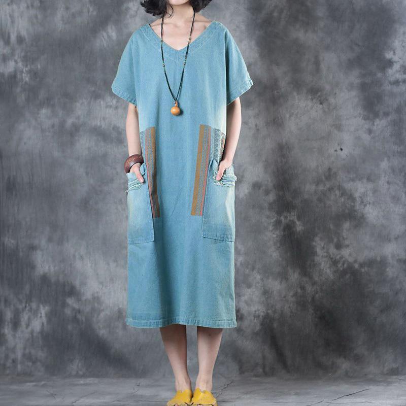 New Denim Blue Cotton Dresses Oversized Shirt Dress Elegant Big Pockets V Neck Dresses ( Limited Stock) - Omychic