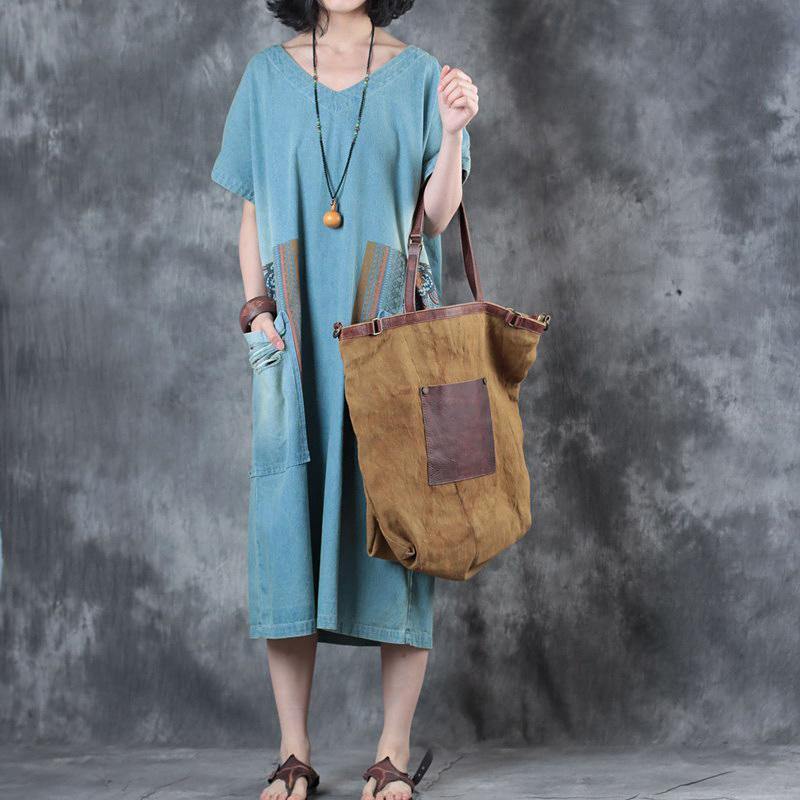 New Denim Blue Cotton Dresses Oversized Shirt Dress Elegant Big Pockets V Neck Dresses ( Limited Stock) - Omychic