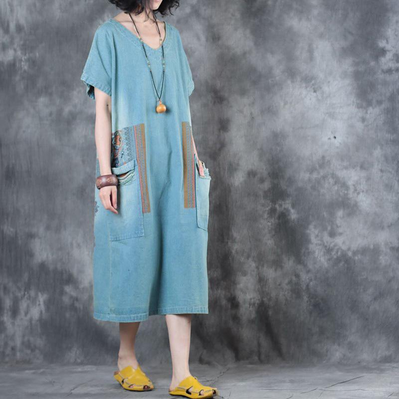 New Denim Blue Cotton Dresses Oversized Shirt Dress Elegant Big Pockets V Neck Dresses ( Limited Stock) - Omychic