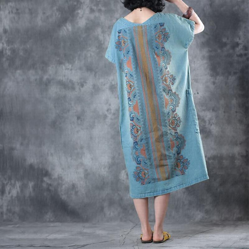 New Denim Blue Cotton Dresses Oversized Shirt Dress Elegant Big Pockets V Neck Dresses ( Limited Stock) - Omychic