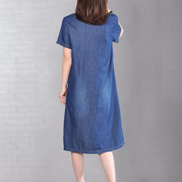 New denim blue natural cotton dress  plus size cotton clothing dress vintage lapel collar short sleeve cotton clothing dress - Omychic