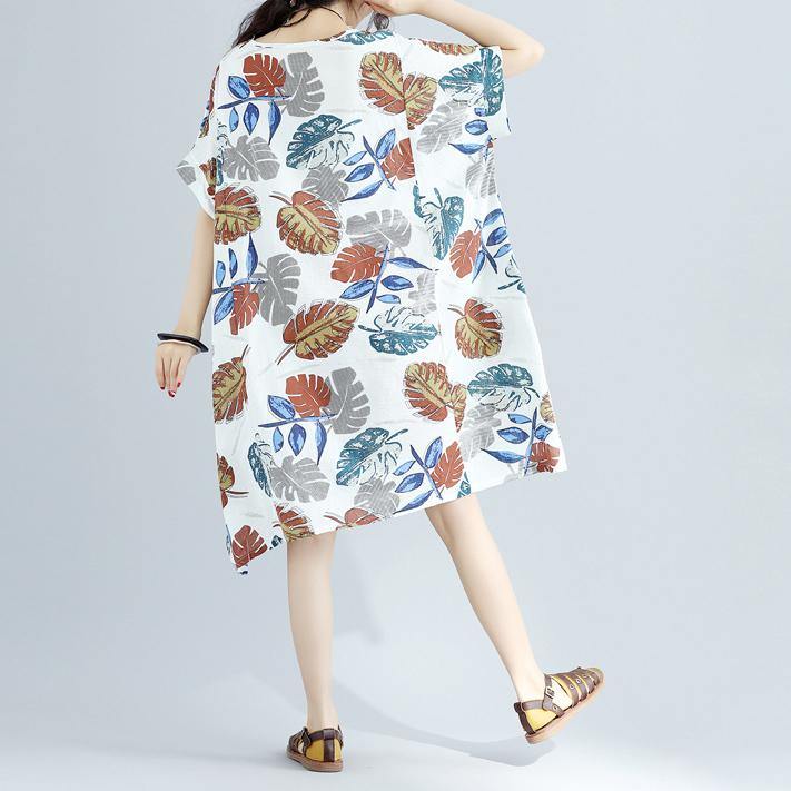 New floral Midi-length linen dress oversized linen cotton dress top quality short sleeve o neck linen clothing dresses - Omychic