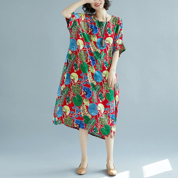 New floral linen dresses plus size clothing o neck traveling dress boutique short sleeve kaftans - Omychic