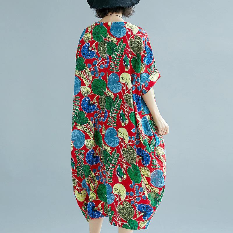 New floral linen dresses plus size clothing o neck traveling dress boutique short sleeve kaftans - Omychic