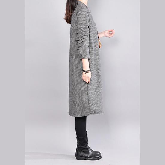 New gray cotton knee dress oversize cotton clothing dresses casual o neck plaid cotton clothing dresses - Omychic
