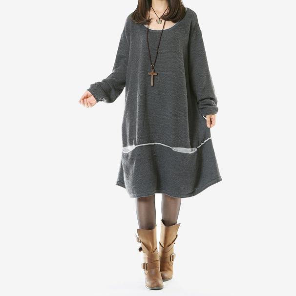 New gray cotton sweater dresses plus size spring dresses vintage dropping pockets sweater - Omychic
