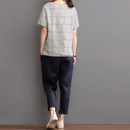 New gray linen shirt women summer blouse cotton top - Omychic