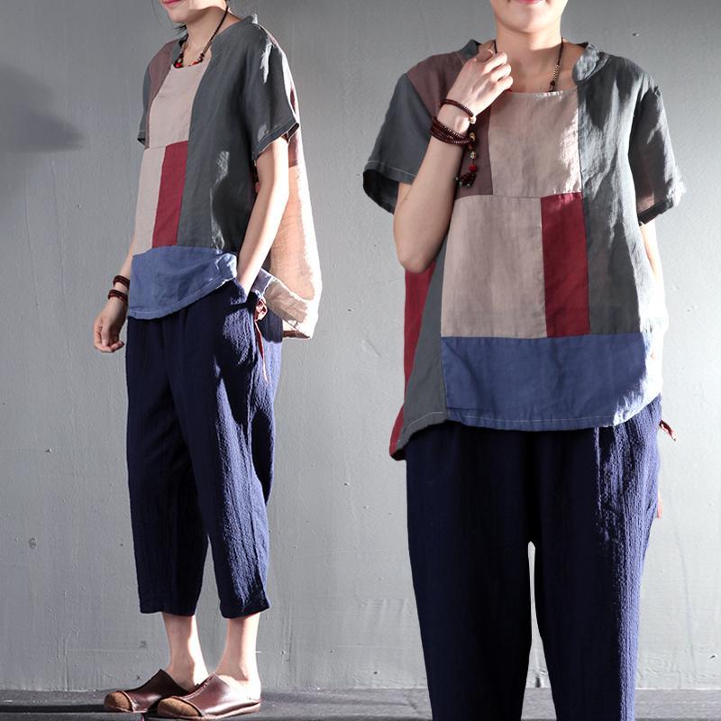 New gray patchwork women linen shirt plus size short blouse top - Omychic