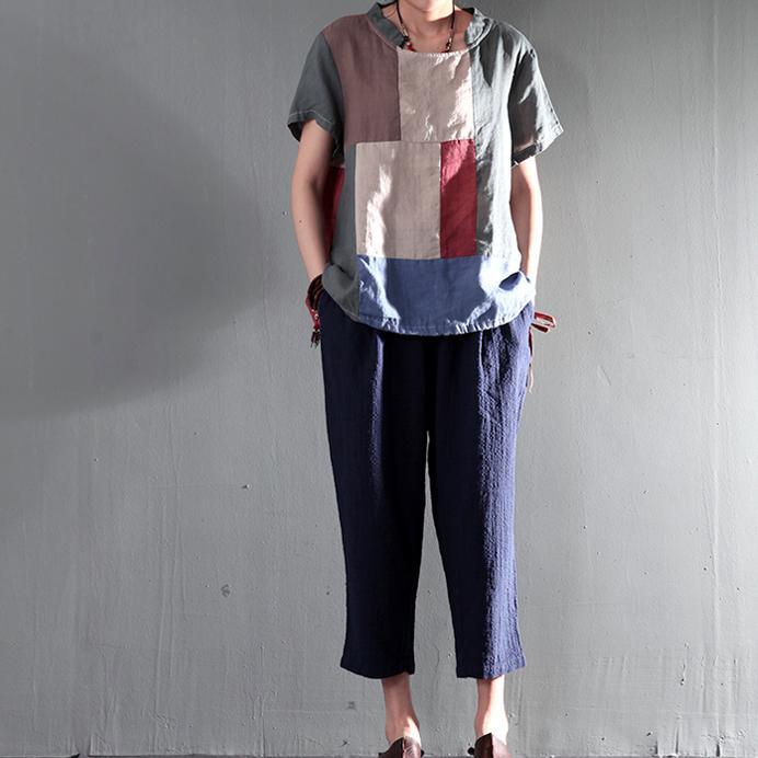 New gray patchwork women linen shirt plus size short blouse top - Omychic