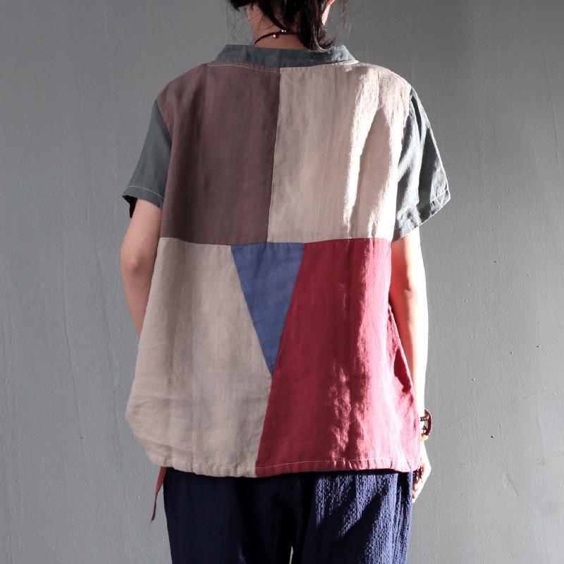 New gray patchwork women linen shirt plus size short blouse top - Omychic