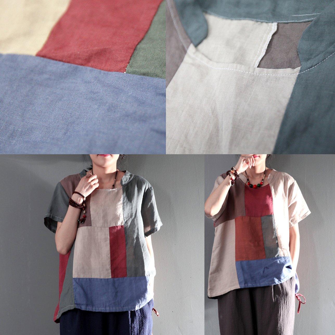 New gray patchwork women linen shirt plus size short blouse top - Omychic