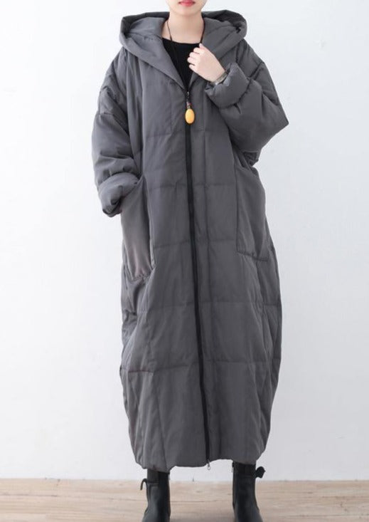New gray thick down coat oversized zippered down jacket top quality hooded cardigans - Omychic