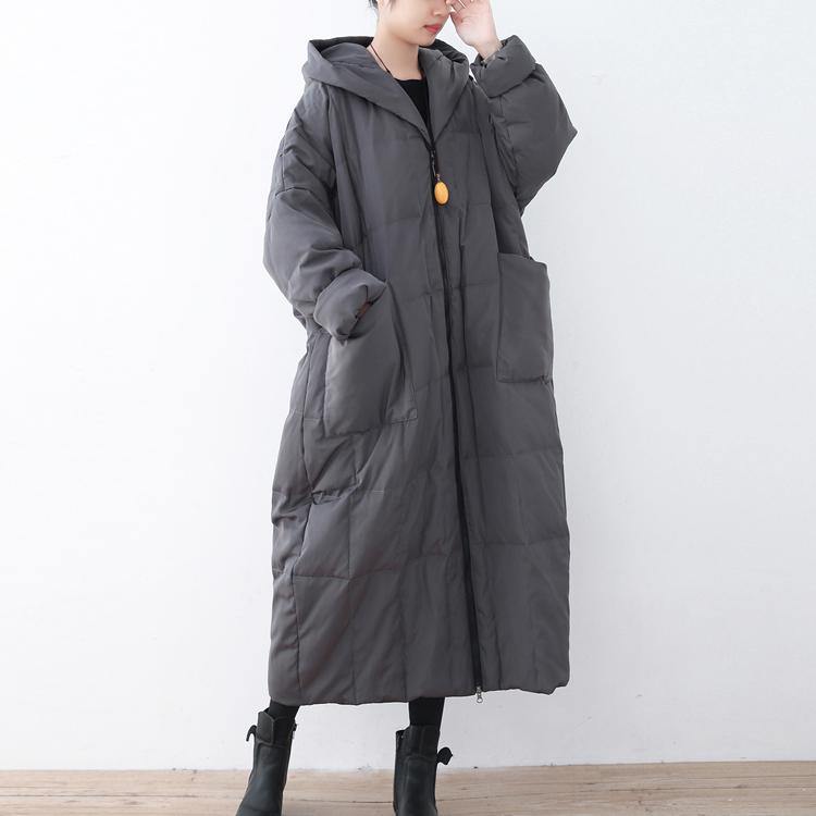 New gray thick down coat oversized zippered down jacket top quality hooded cardigans - Omychic