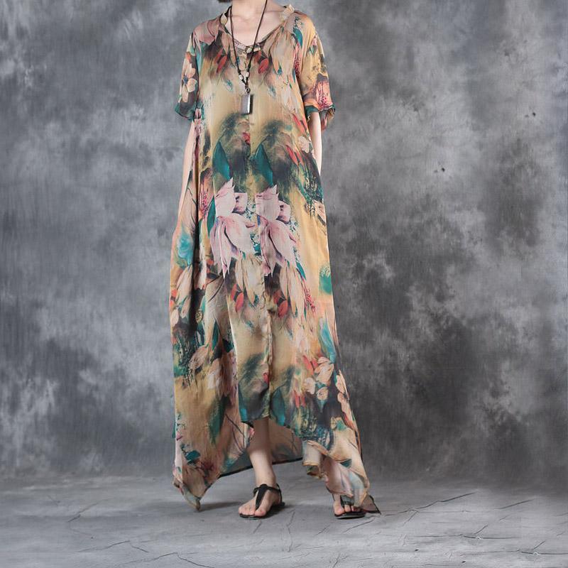 New green Midi-length chiffon dress oversize casual dress boutique big hem prints clothing - Omychic