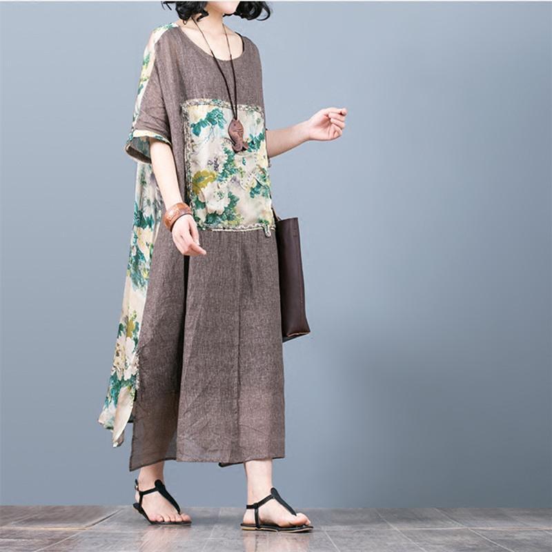 New green print patchwork silk caftans plus size o neck traveling dress New short sleeve caftans - Omychic
