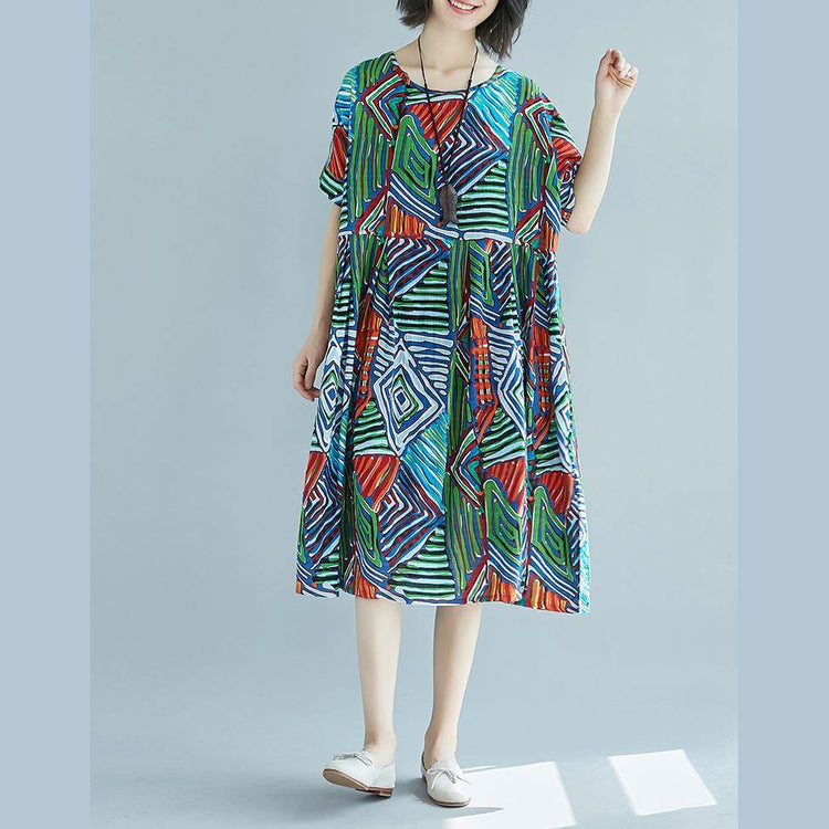 New green prints  natural linen dress  casual traveling clothing casual o neck patchwork cotton clothing - Omychic