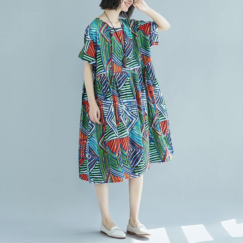 New green prints  natural linen dress  casual traveling clothing casual o neck patchwork cotton clothing - Omychic