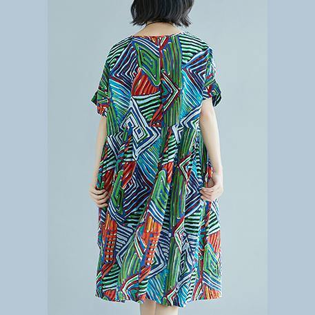 New green prints  natural linen dress  casual traveling clothing casual o neck patchwork cotton clothing - Omychic