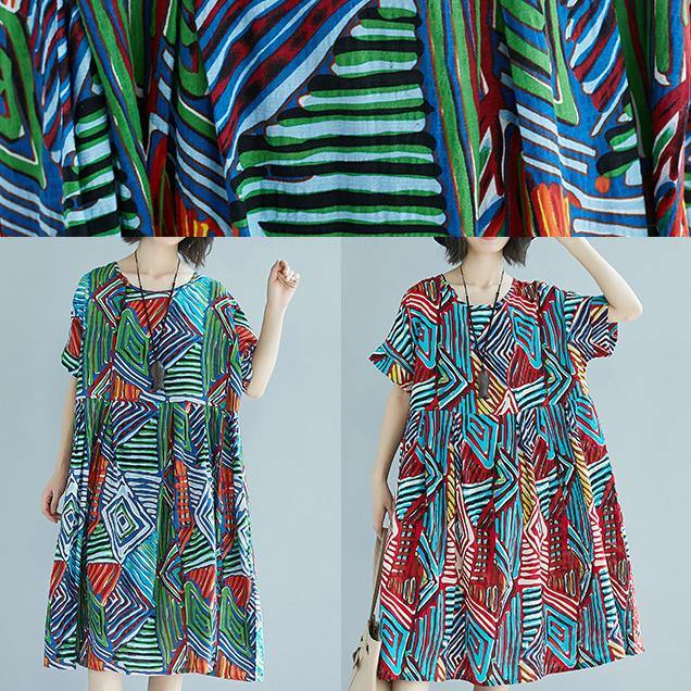 New green prints  natural linen dress  casual traveling clothing casual o neck patchwork cotton clothing - Omychic