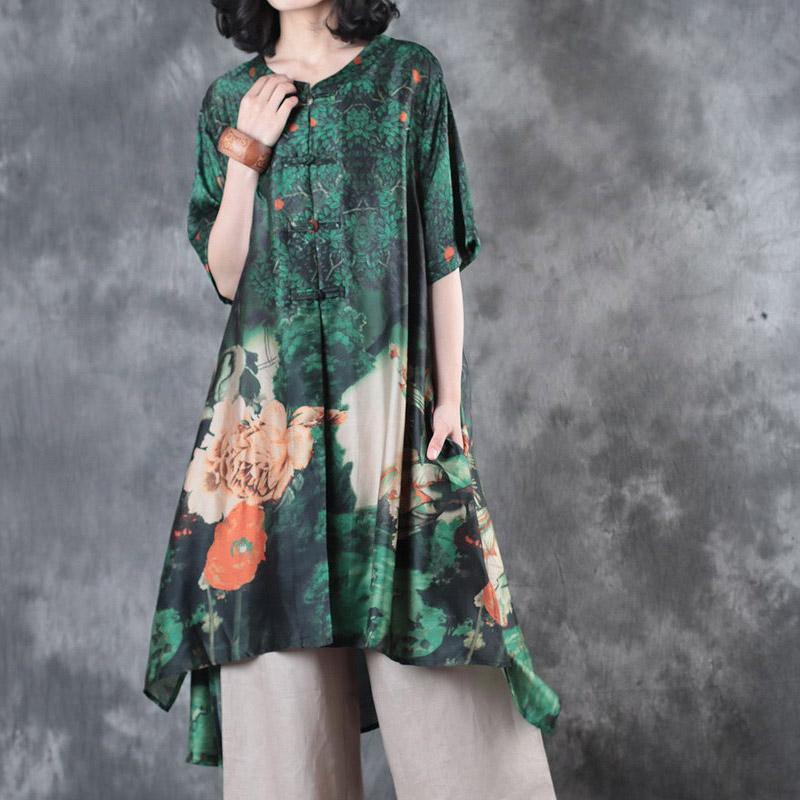 New green prints silk tops plus size clothing t shirt Elegant Chinese Button stand collar  shirt - Omychic