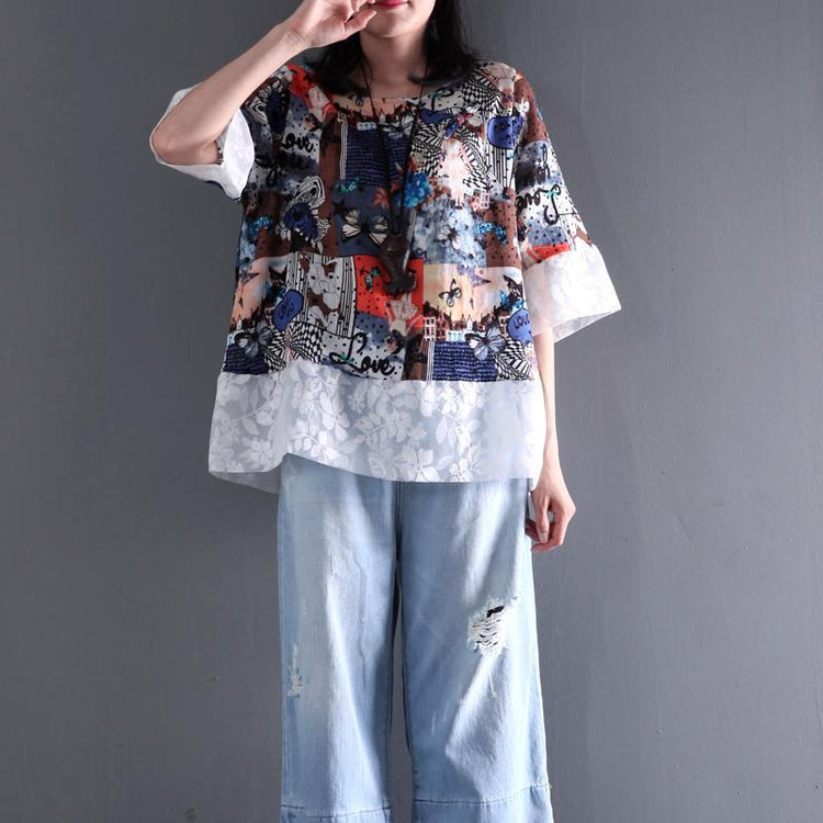 New half sleeve short t shirt linen lace blouse women summer oversize top - Omychic