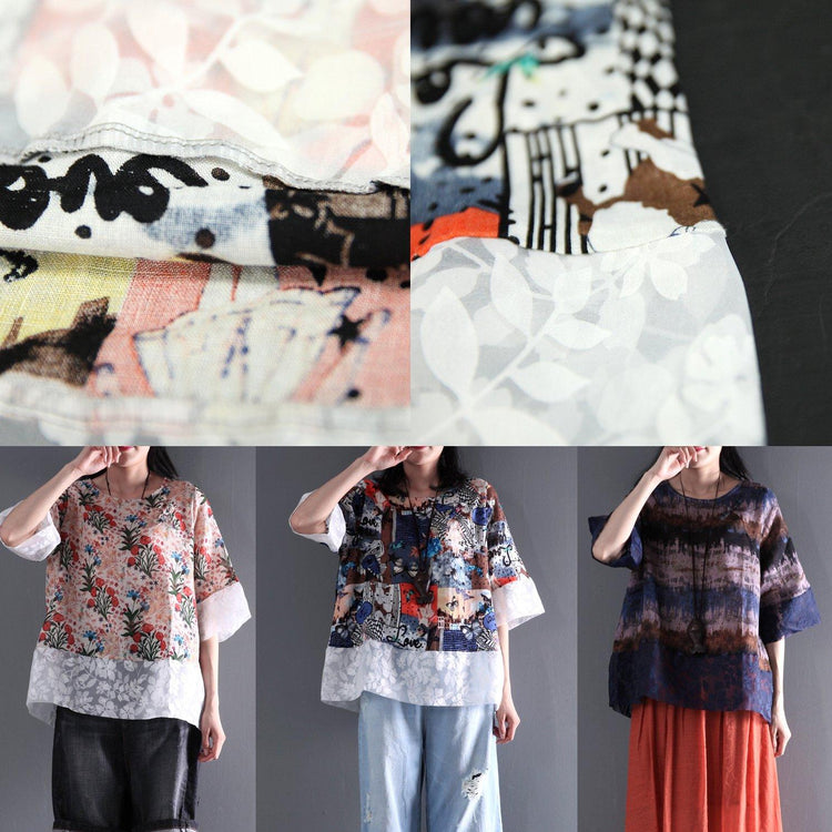 New half sleeve short t shirt linen lace blouse women summer oversize top - Omychic