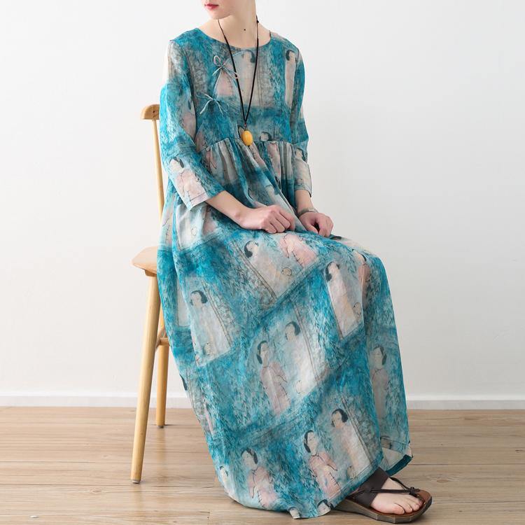 New light blue natural linen dress  oversized prints linen clothing dresses Elegant high waist dress - Omychic
