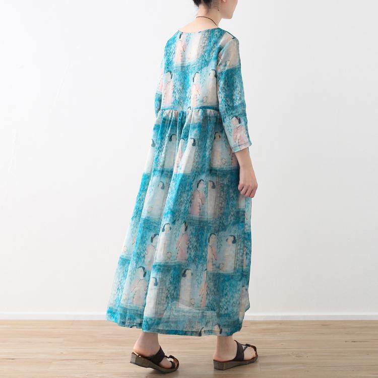 New light blue natural linen dress  oversized prints linen clothing dresses Elegant high waist dress - Omychic