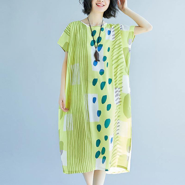 New light green prints long cotton dress oversize patchwork cotton gown Elegant o neck cotton caftans - Omychic