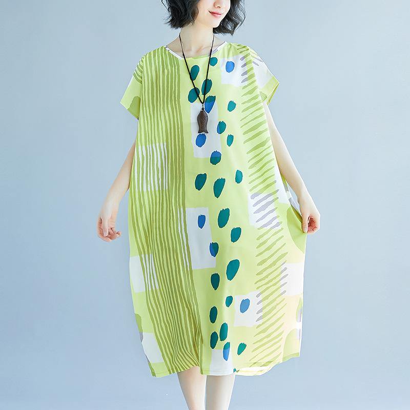 New light green prints long cotton dress oversize patchwork cotton gown Elegant o neck cotton caftans - Omychic