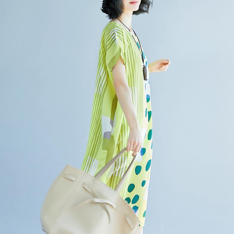 New light green prints long cotton dress oversize patchwork cotton gown Elegant o neck cotton caftans - Omychic