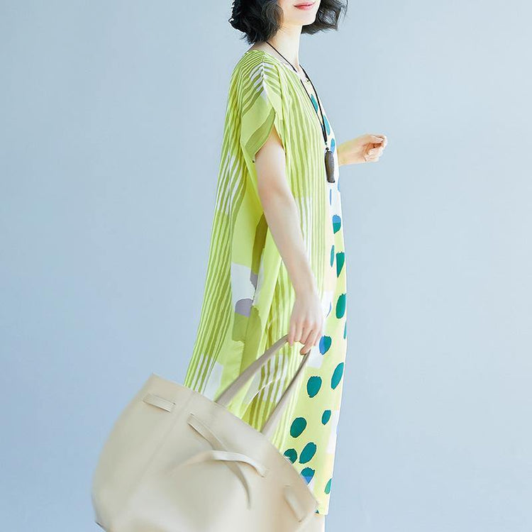 New light green prints long cotton dress oversize patchwork cotton gown Elegant o neck cotton caftans - Omychic