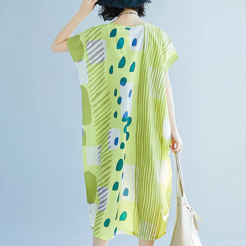 New light green prints long cotton dress oversize patchwork cotton gown Elegant o neck cotton caftans - Omychic