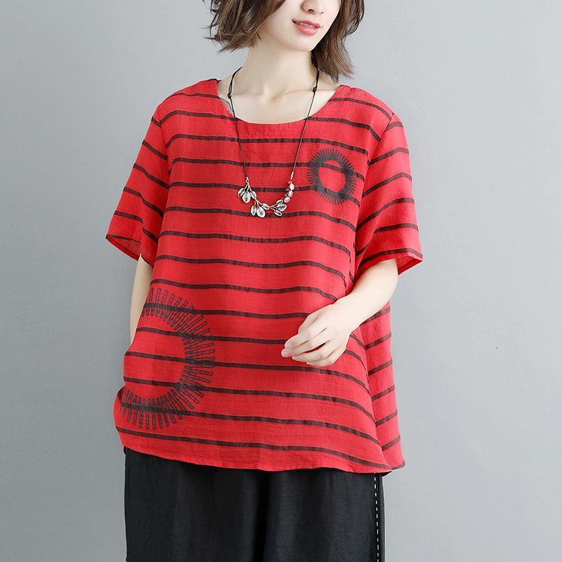 New linen blouses oversized Casual Summer Short Sleeve Stripe Red Blouse - Omychic