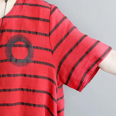 New linen blouses oversized Casual Summer Short Sleeve Stripe Red Blouse - Omychic