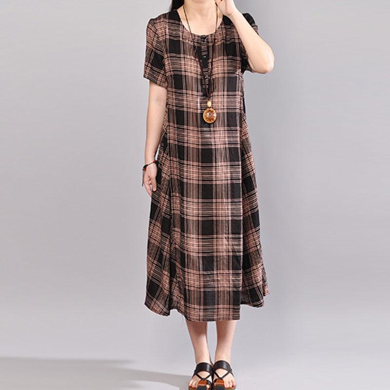 New linen dress trendy plus size Cotton Short Sleeve Pullover Black Plaid Dress - Omychic