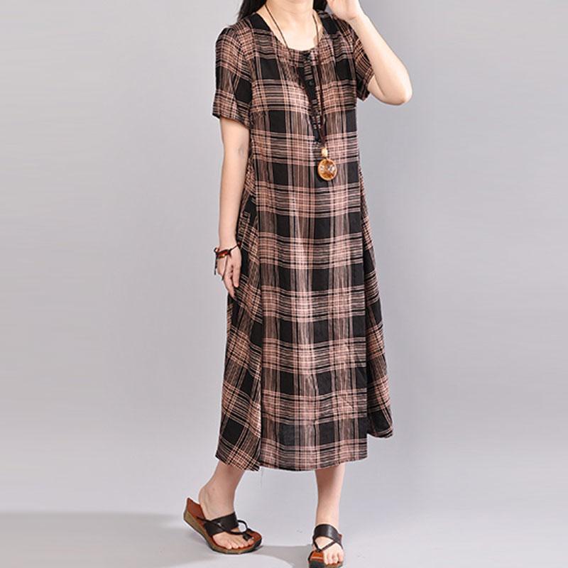 New linen dress trendy plus size Cotton Short Sleeve Pullover Black Plaid Dress - Omychic