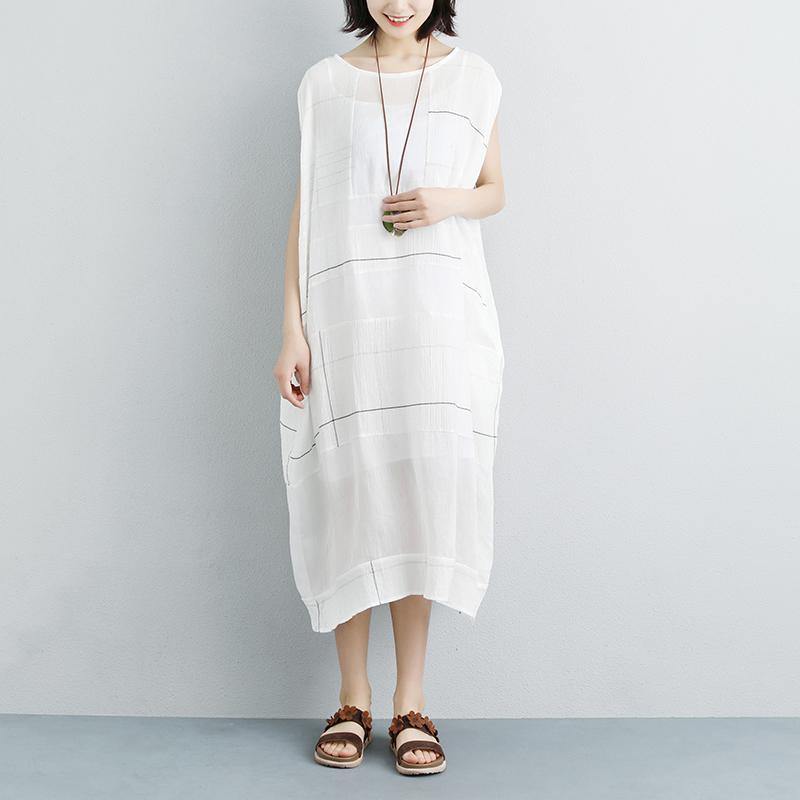 New linen dresses stylish Summer Pockets Plaid Sleeveless White Two-piece Dress - Omychic